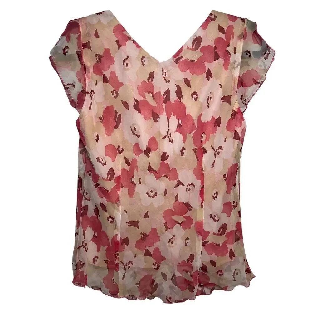 Y2K‎ Cowl Neck Flutter Sleeve Top Pink Floral Sz 8 Cottage Fairy Romantic Office